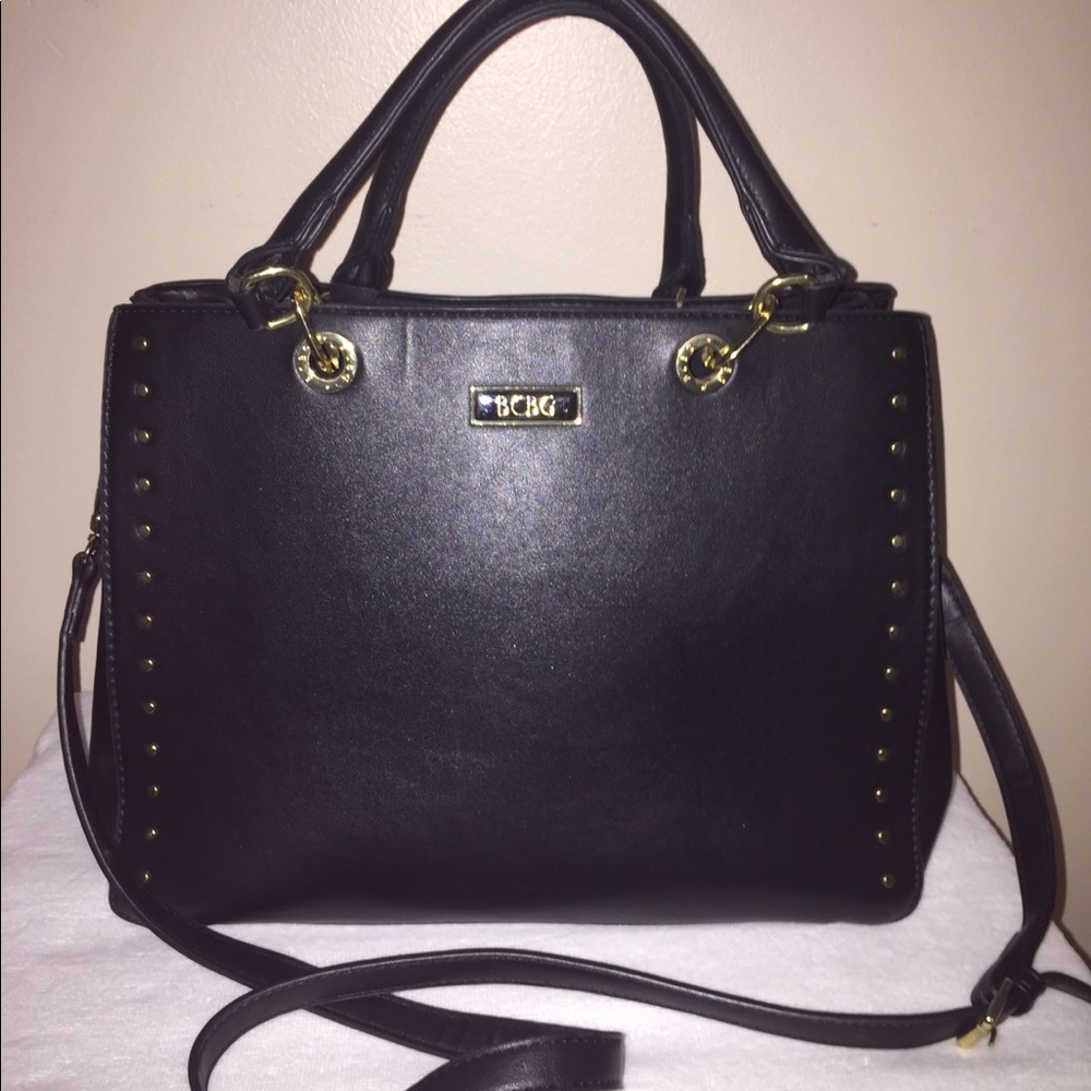BCBG black faux leather tote shoulder bag w/brass